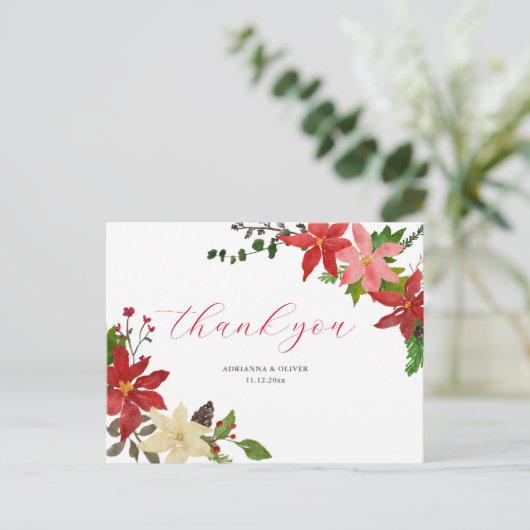 Red Poinsettia Floral kerstbruiloft Dank je wel Briefkaart (Staand voorkant)