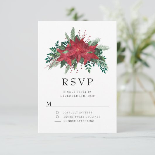 Red Poinsettia Floral-kerstfeest RSVP Kaartje (Staand voorkant)