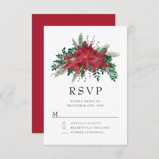 Red Poinsettia Floral-kerstfeest RSVP Kaartje (Voorkant / Achterkant)