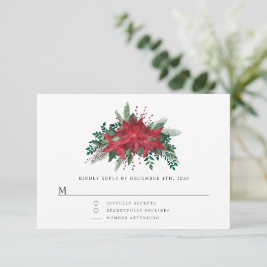 Red Poinsettia Floral-kerstfeest RSVP Kaartje (Staand voorkant)