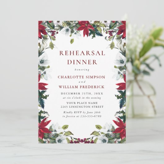 Red Poinsettia Floral kerstrehearsal Dinner Kaart (Staand voorkant)