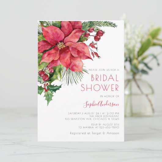 Red Poinsettia Floral-kerstVrijgezellenfeest Kaart (Staand voorkant)