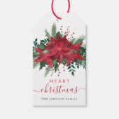 Red Poinsettia Floral Script Kerstmis Cadeaulabel (Voorkant)