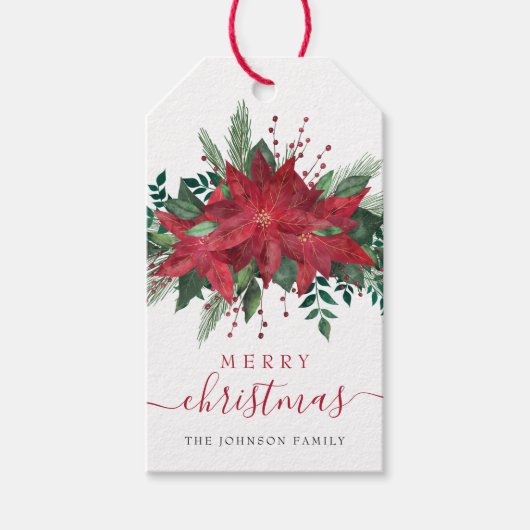 Red Poinsettia Floral Script Kerstmis Cadeaulabel (Voorkant)