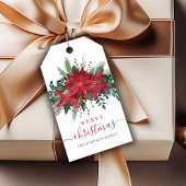 Red Poinsettia Floral Script Kerstmis Cadeaulabel