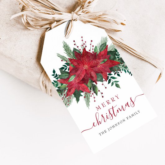 Red Poinsettia Floral Script Kerstmis Cadeaulabel