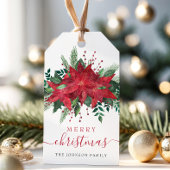 Red Poinsettia Floral Script Kerstmis Cadeaulabel