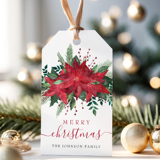 Red Poinsettia Floral Script Kerstmis Cadeaulabel