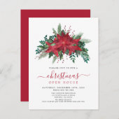 Red Poinsettia Floral Script Kerstmis Open House Uitnodiging Briefkaart (Voorkant / Achterkant)