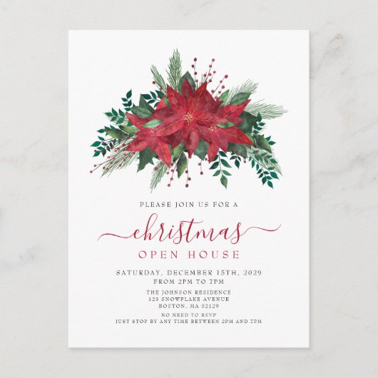 Red Poinsettia Floral Script Kerstmis Open House Uitnodiging Briefkaart (Voorkant)
