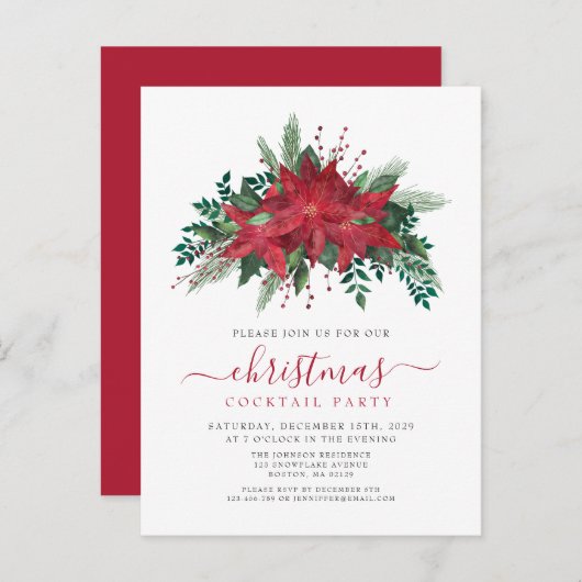 Red Poinsettia Floral Script Kerstparty Uitnodiging Briefkaart (Voorkant / Achterkant)