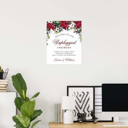Red Poinsettia Floral Unplugged Ceremony Sign Poster (Thuiskantoor)