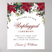 Red Poinsettia Floral Unplugged Ceremony Sign Poster (Voorkant)