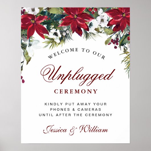 Red Poinsettia Floral Unplugged Ceremony Sign Poster (Voorkant)