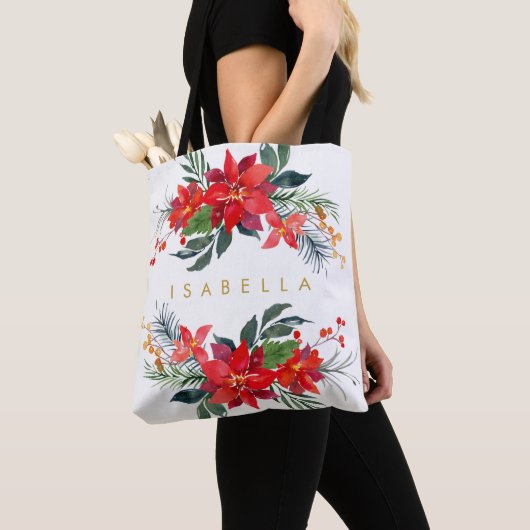 Red Poinsettia Floral Waterverf Bouquets Name Tote Bag (Dichtbij)