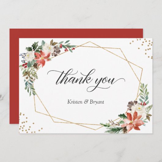Red Poinsettia Floral Winter Kerstbruiloft Bedankkaart (Voorkant / Achterkant)