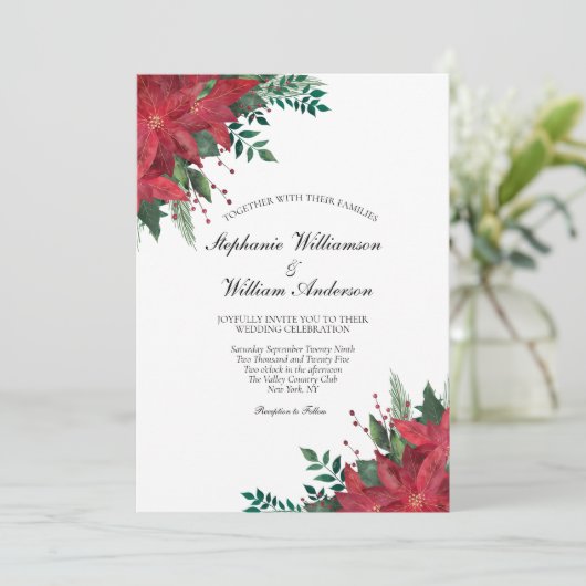Red Poinsettia Floral Winter Kerstbruiloft Kaart (Staand voorkant)