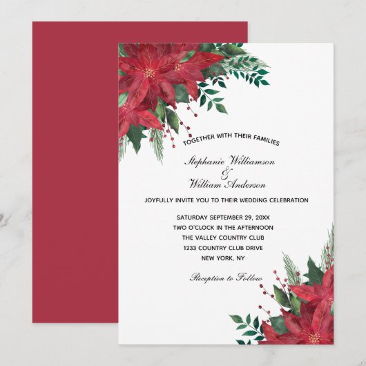 Red Poinsettia Floral Winter Kerstbruiloft Kaart (Voorkant / Achterkant)