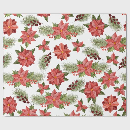 Red Poinsettia Flowers en Holly Berries Cadeaupapier (Vlak)