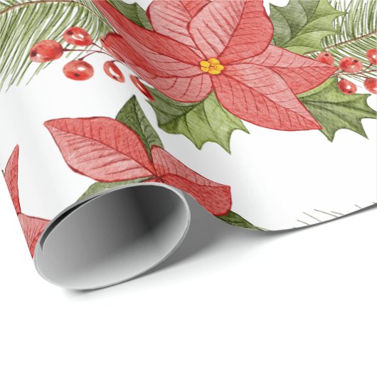 Red Poinsettia Flowers en Holly Berries Cadeaupapier (Rol Hoek)