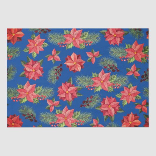 Red Poinsettia Flowers en Holly Berries Tissuepapier (Voorkant)