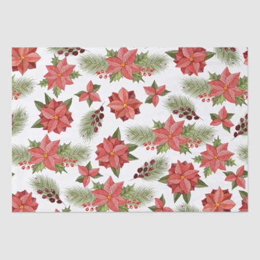 Red Poinsettia Flowers en Holly Berries Tissuepapier (Voorkant)