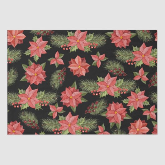 Red Poinsettia Flowers en Holly Berries Tissuepapier (Voorkant)