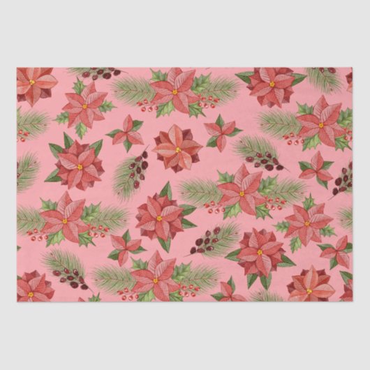 Red Poinsettia Flowers en Holly Berries Tissuepapier (Voorkant)
