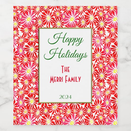 Red Poinsettia Flowers Holiday Wine Fleslabel Wijn Etiket (Enkel label)