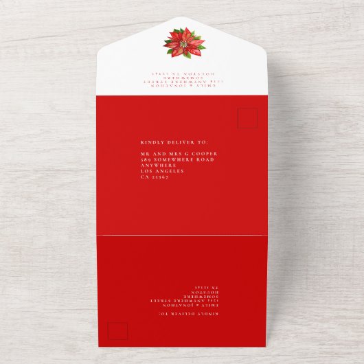 Red Poinsettia Gast Adressen Kerstbruiloft All In One Uitnodiging (Buitenkant)