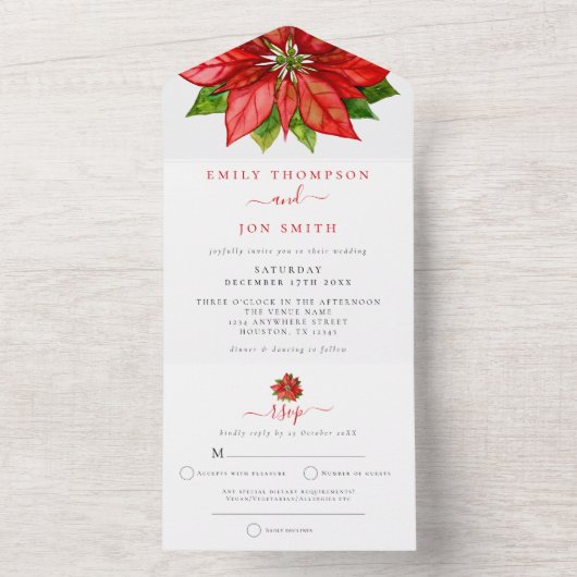 Red Poinsettia Gast Adressen Kerstbruiloft All In One Uitnodiging (Binnen)