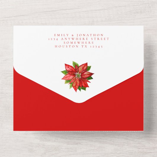 Red Poinsettia Gast Adressen Kerstbruiloft All In One Uitnodiging (Achterkant)