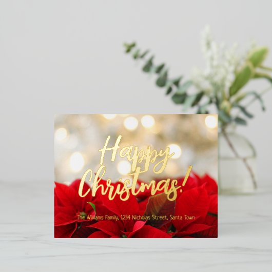 Red Poinsettia Gold Foil Script Happy Kerstmis Folie Feestdagen Briefkaart (Staand Voorkant)