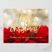 Red Poinsettia Gold Foil Script Happy Kerstmis Folie Feestdagen Briefkaart (Voorkant)