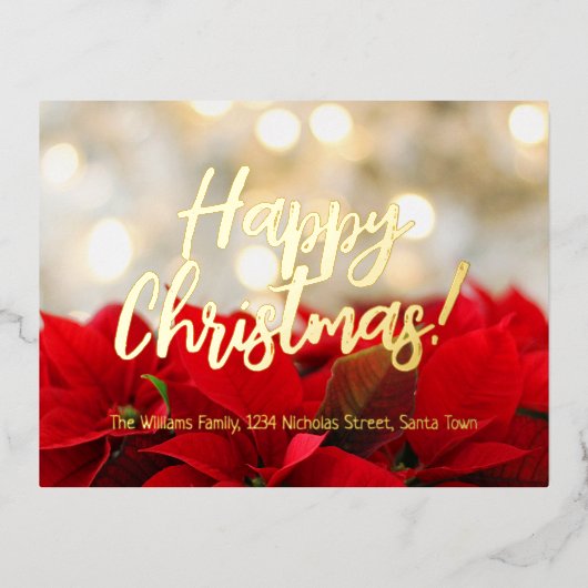 Red Poinsettia Gold Foil Script Happy Kerstmis Folie Feestdagen Briefkaart (Voorkant)