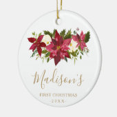 Red Poinsettia Gold Foto Baby's eerste kerstmis Keramisch Ornament (Links)