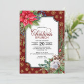 Red Poinsettia Gold Snowflakes kerst Brunch Kaart (Staand voorkant)