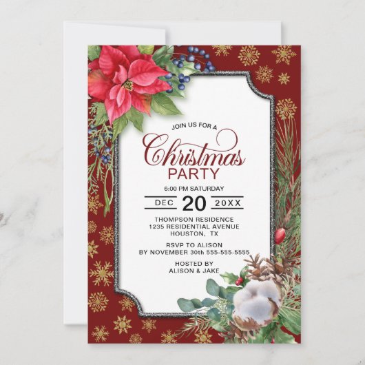 Red Poinsettia Gold Snowflakes kerst Kaart (Voorkant)