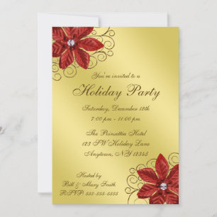 Red Poinsettia Gold Swirls Holiday Party Kaart