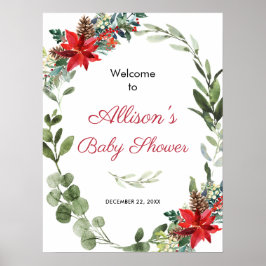 Red poinsettia greenery baby shower welkom poster