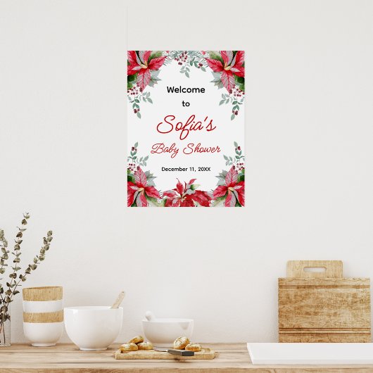Red Poinsettia Greenery Baby shower Welkom Poster (Keuken)