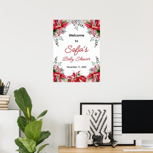 Red Poinsettia Greenery Baby shower Welkom Poster (Thuiskantoor)