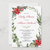Red poinsettia greenery kerstbaby shower kaart (Voorkant)