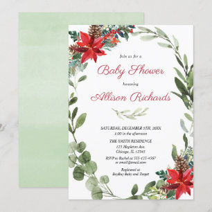Red poinsettia greenery kerstbaby shower kaart