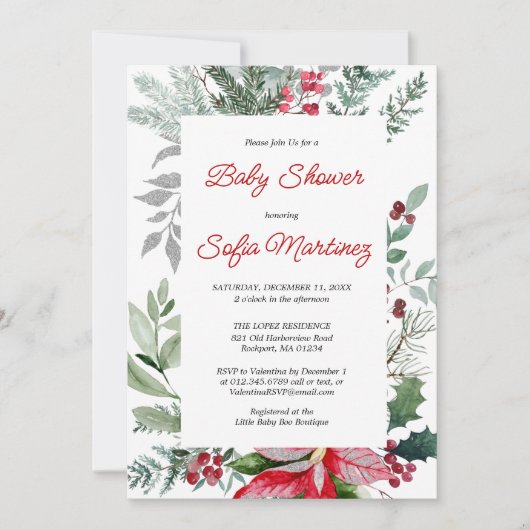 Red Poinsettia Greenery-kerstBaby shower Kaart (Voorkant)
