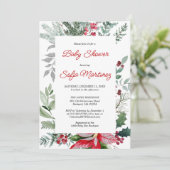 Red Poinsettia Greenery-kerstBaby shower Kaart (Staand voorkant)