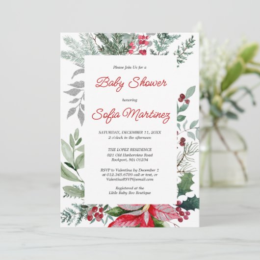 Red Poinsettia Greenery-kerstBaby shower Kaart (Staand voorkant)
