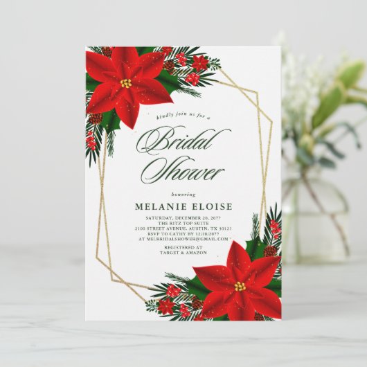 Red Poinsettia Greenery-kerstVrijgezellenfeest Kaart (Staand voorkant)