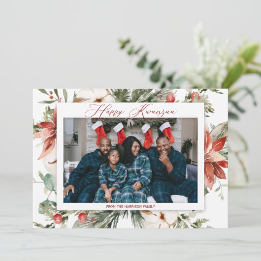 Red Poinsettia Happy Kwanzaa 2 Kerstmis (Staand voorkant)