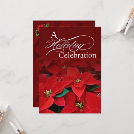Red Poinsettia Holiday Celebration Invitation Kaart (Voorkant / Achterkant in situ)